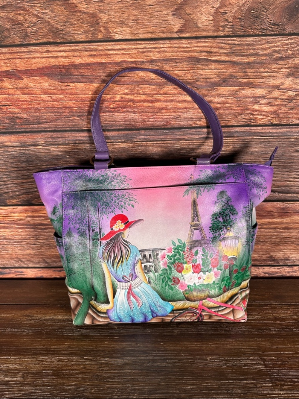 Anuschka "Paris Sunrise" hand-painted leather large shoulder tote!